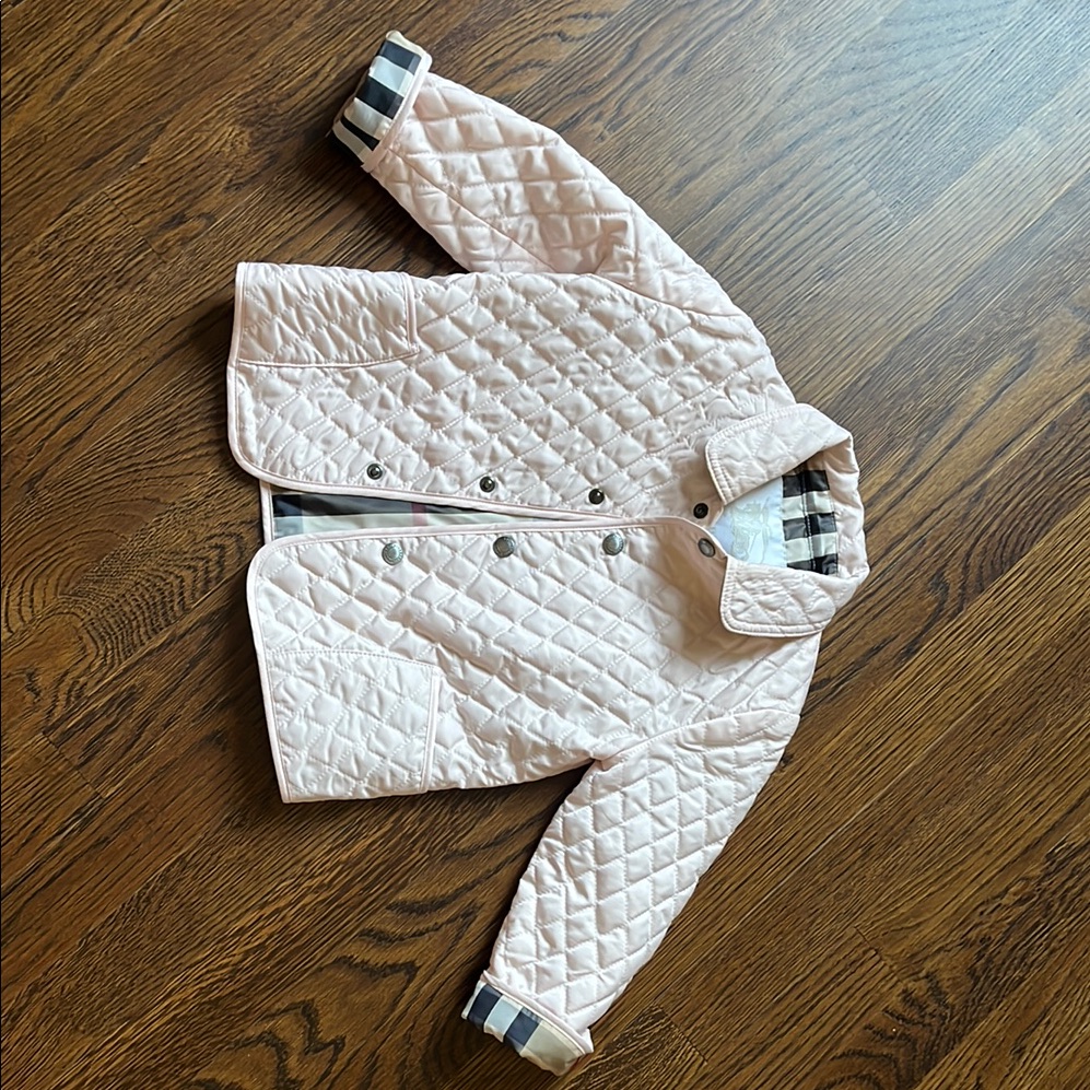 Burberry 18 Month Pink Quilted Jacket With Plaid Accents
